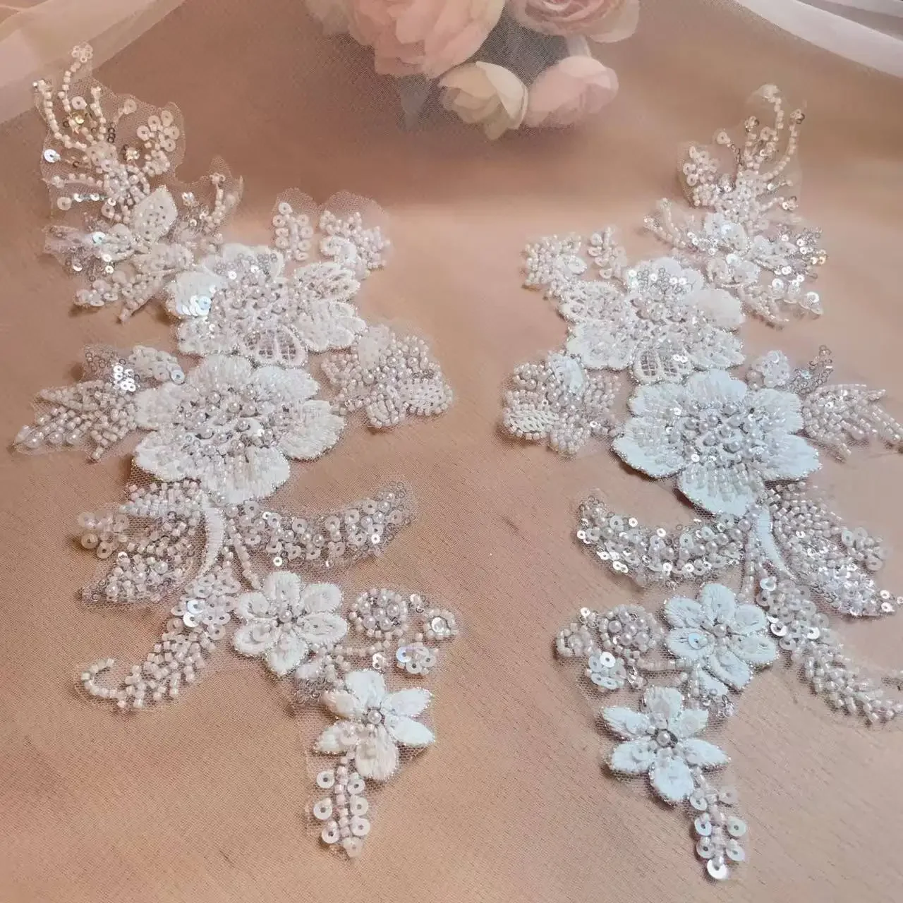 Elegant Pearl Embroidered Glitter Floral Lace Decoration