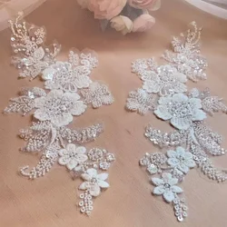Elegant Pearl Embroidered Glitter Floral Lace Decoration (Off - white 1Pair)