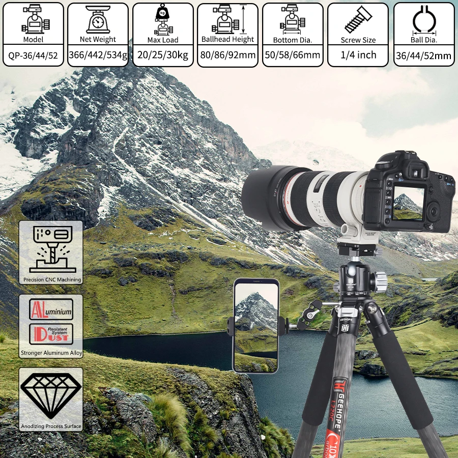 QP-36/44/52 Tripod Ballhead of Low Gravity Center 360° Panoramic Metal BallHead