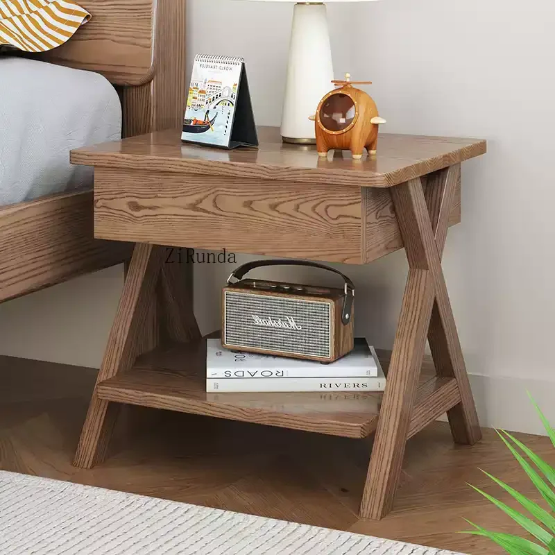 Nordic all-solid wood bedside table, small apartment sofa side floor storage multi-functional locker