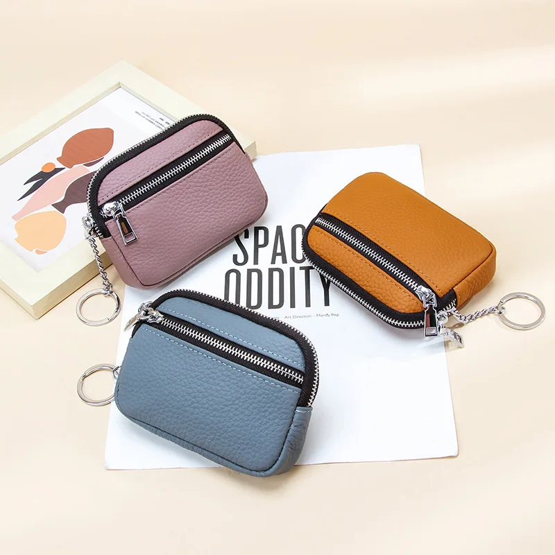 Women's Genuine Leather Coin Purse Mini Pouch Change Wallet with Keychain Small Zipper Purse Fashion Coin Purse for Women