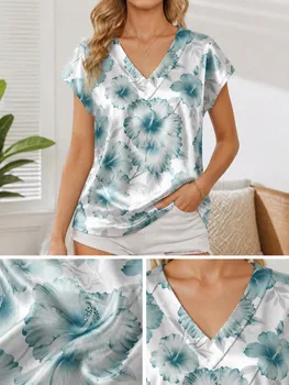 Floral Satin V Neck Top for Women Cap Sleeve Flowy Draped Fit Silky Travel Cafe Leisure Wear Lightweight Breathable Classic Airy
