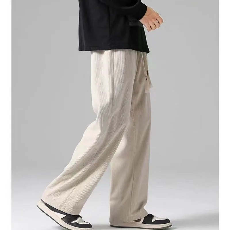 2023 New Spring and Autumn Fashion Casual Versatile Corduroy Solid Color Wide Leg 9/4 Loose and High Draping Men Sports Pants