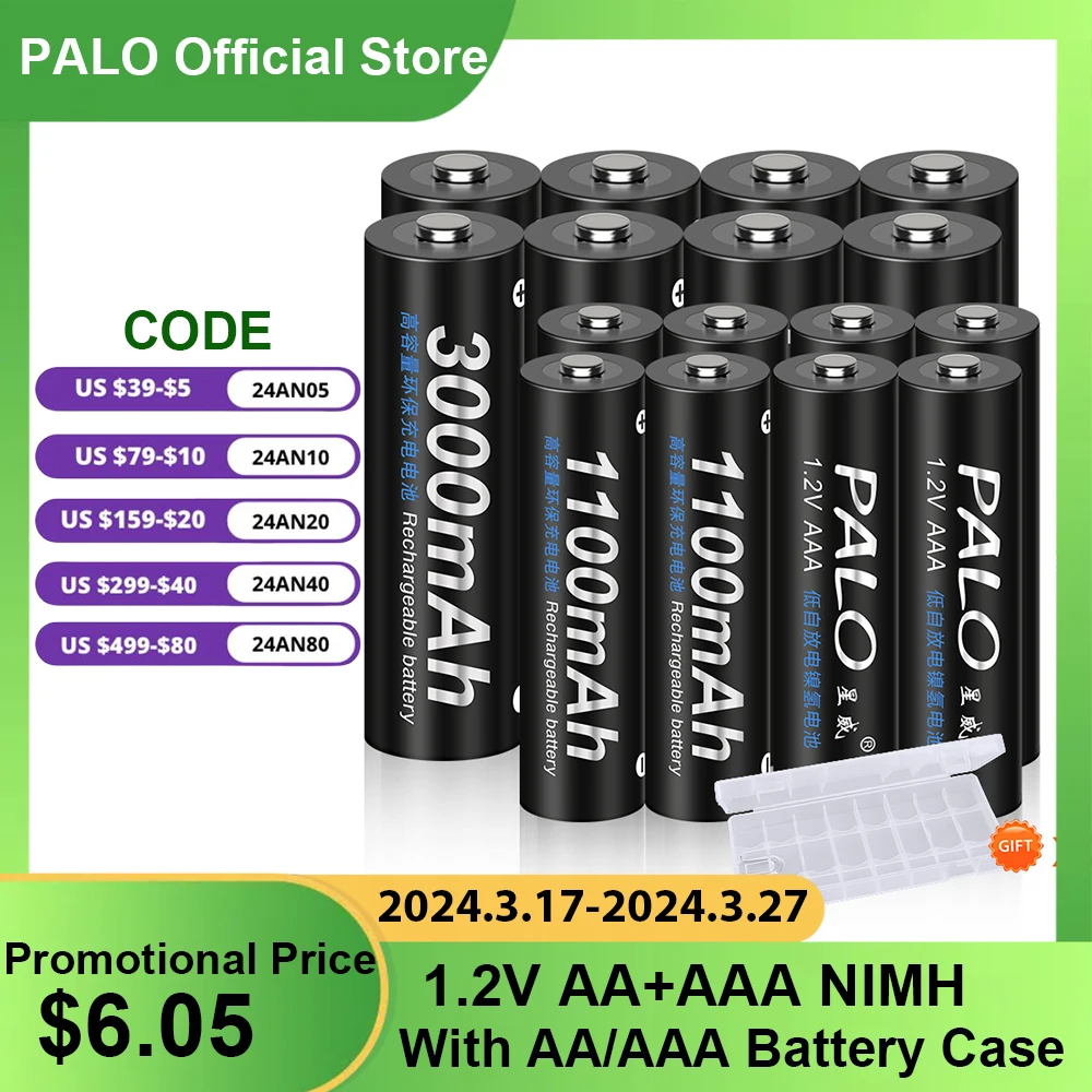 

PALO 1.2V AA AAA Rechargeable Battery 1100mAh 1.2V AAA Rechargeable NIMH Battery+3000mAh AA Cell 1.2V Ni-MH AA 2A Batteries