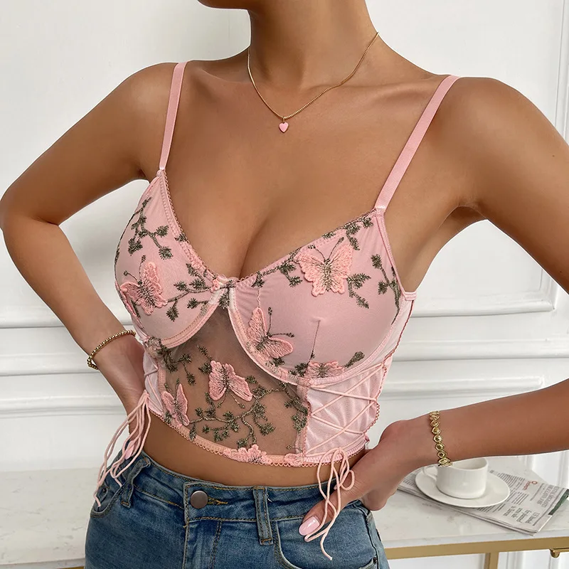 

New Floral Corset Vest Lace Crop Top Women Bra Mesh Tube Top Beauty Back Lingerie Sexy Hollowing Mesh Tank Sweet Girls Underwear