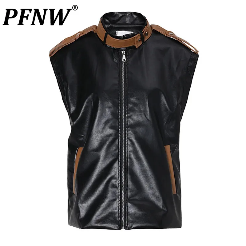 

PFNW Men Big Size Vest Loose Fit Black Color-block Pu Leather New Stand Collar Sleeveless Fashion Spring Autumn 2023 1DF3127