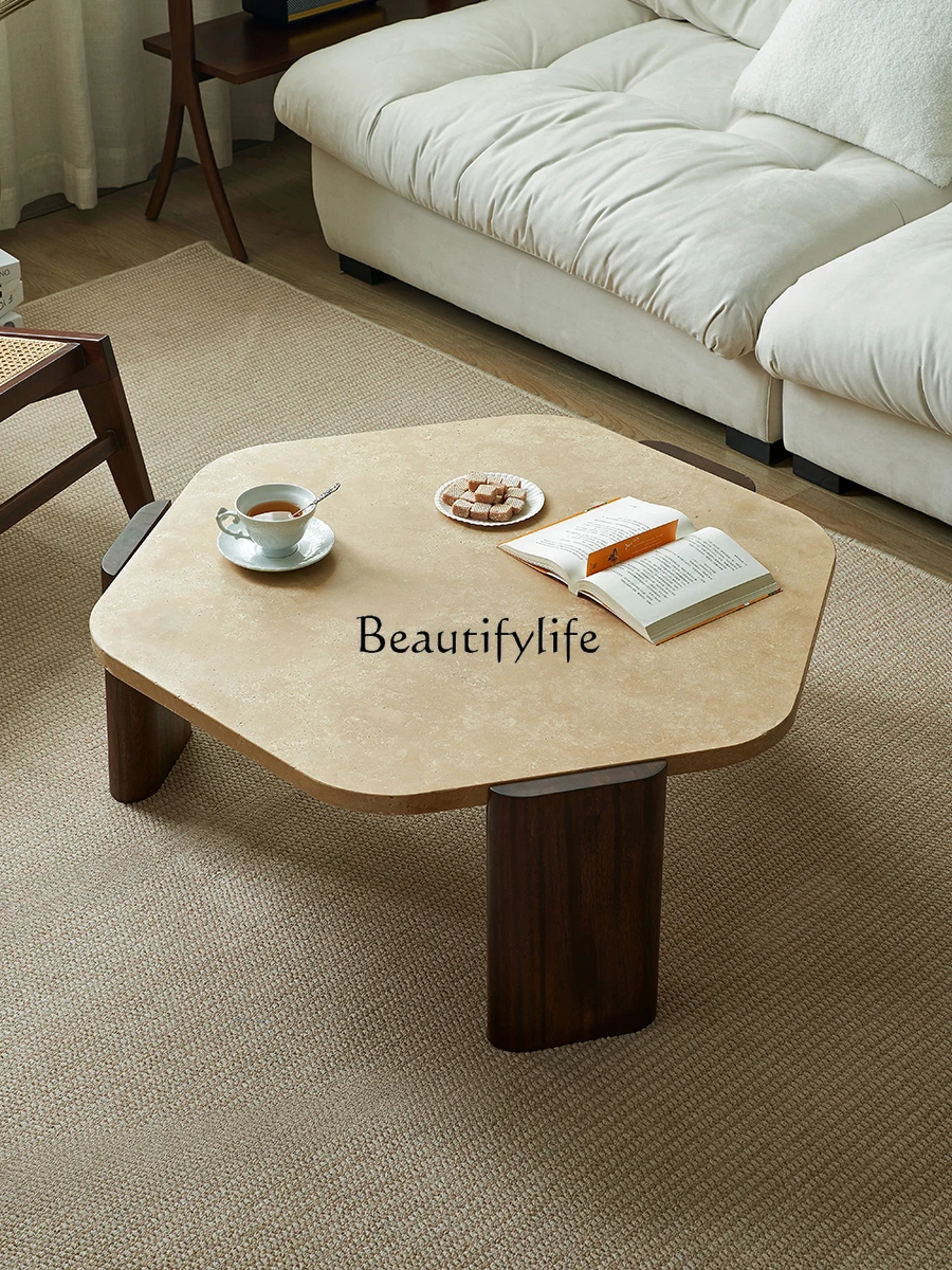 

Nordic Creative Black Walnut Low Table Solid Wood Cave Stone Tea Table Marble Italian Light Luxury Living Room