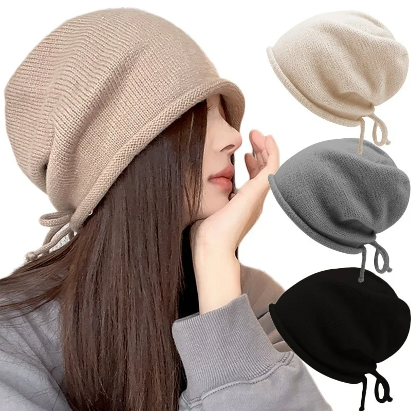 

Women's Knitted Baggy Beanie Hat Korean Soft Skull Caps Outdoor Adjustable Drawstring Kpop Slouchy Streetwear Headgear Bonnets