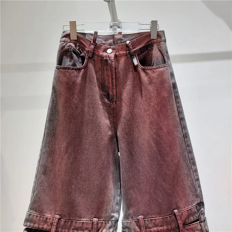 2023 New Women Cargo Pants Red Wine Wide Leg trousers Broken Holes Grunge Punk Painted Casual Empire Long Denim Capris Jeans