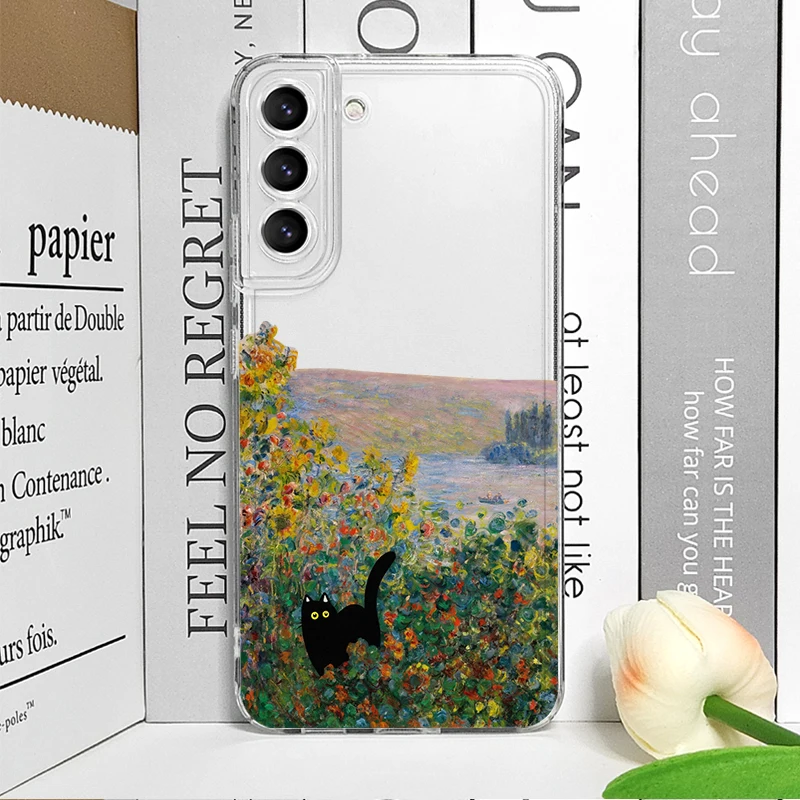 Vintage Oil Painting Black Cat Scenery Clear Phone Case