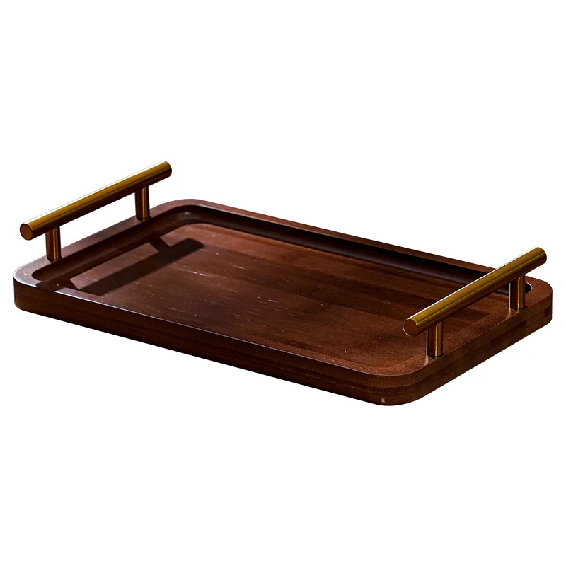Wooden Tray with Golden Metal Handle for Water Cup Fruit Food Bread Sundries Serving Tray Household Organizer 6