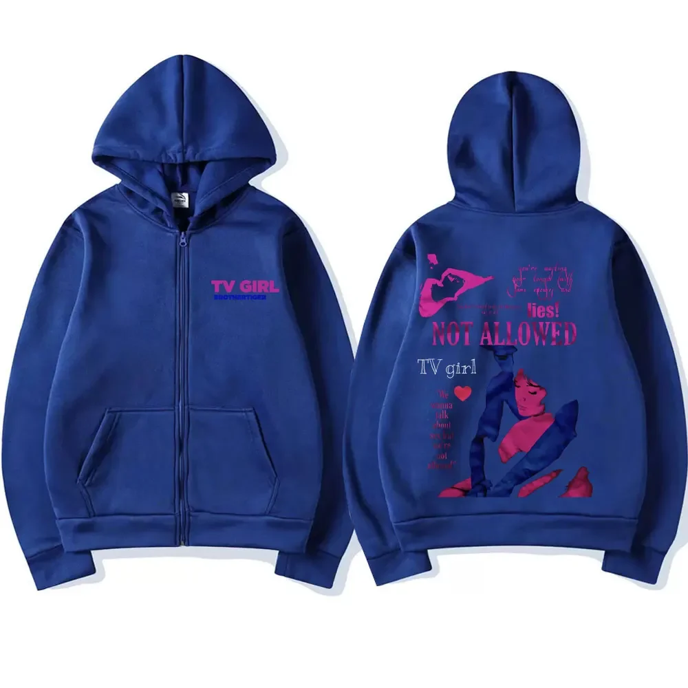 Tv Girl Fashion Black Zipper Hoodie Unisex Fleece Zip Up Jacket Sweatshirt Men Women Casual Oversized Hoodies Coats Streetwear