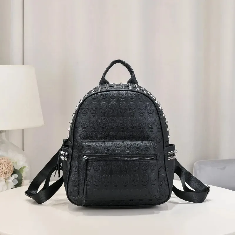 

Punk Style PU Leather Bag Fashion Rivet Travel Goth Skull Embossed Backpack for Women Studded Decor Daypack