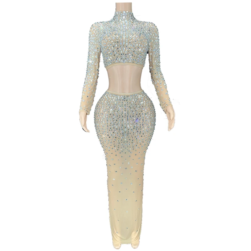 

Shining Silver Long Sleeve Outfit Transparent Top Skirt Set Dancer Performance Birthday Celebrate Costume