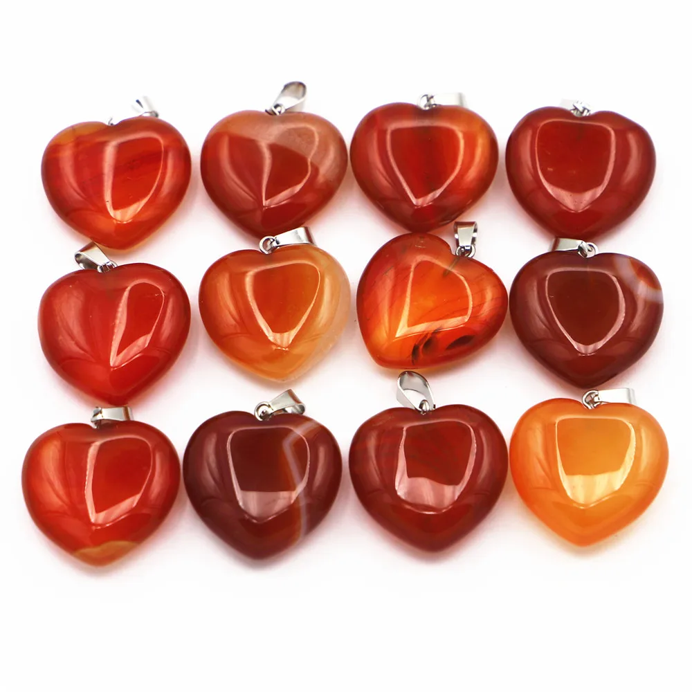 25*24MM Natural Stone Red Onyx Agate Heart Pendant Designer Charms Healing Crystals Necklace for Jewelry Making 12Pcs Wholesale