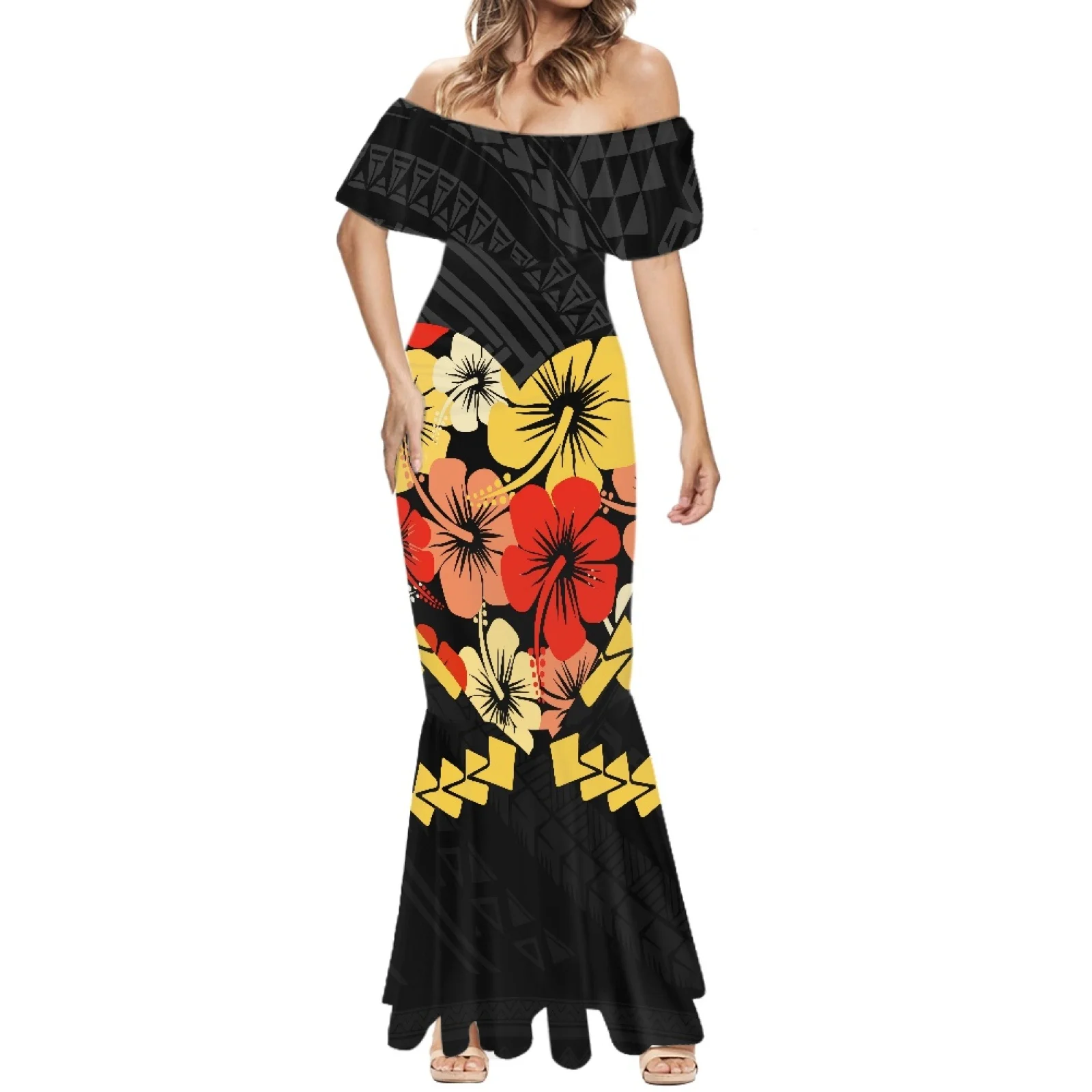 

Polynesia Summer One-Shoulder Hawaiian Hibiscus Flowers Print Beach Dress Formal Occasion Women's Short Sleeve Fishtail Dresses