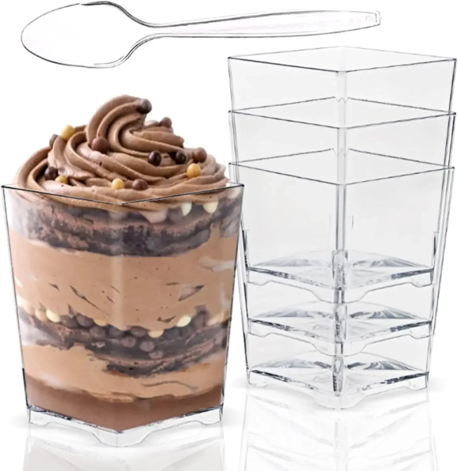 25-200Pcs 2/4/5OZ Square Mini Dessert Cup Set, Free Spoon, Transparent Parfait Appetizer Cup for Dessert, Appetizer, Ice Cream