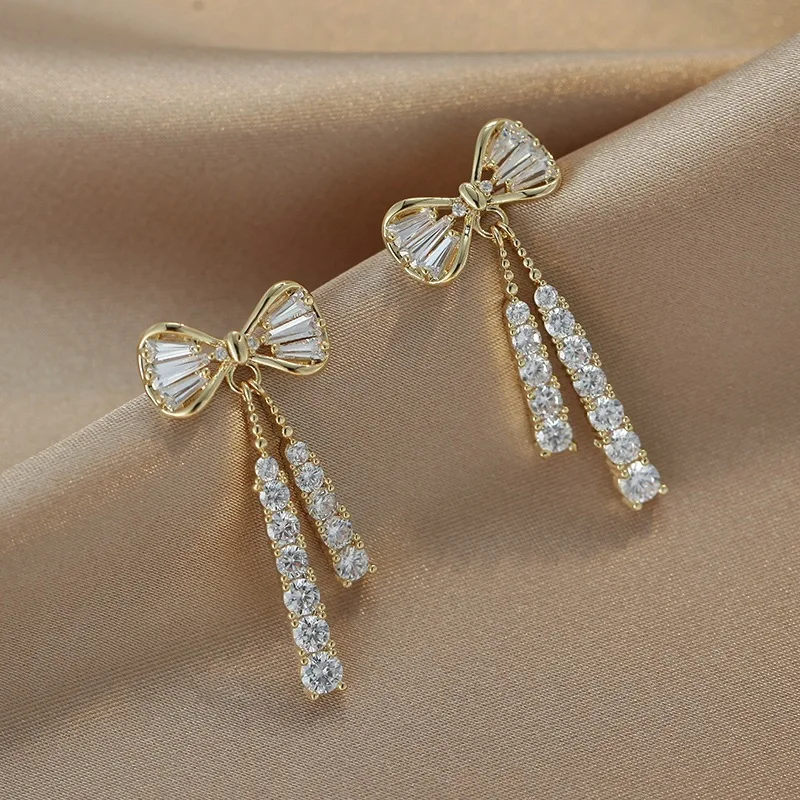 Full diamond bow tie tassel earrings product image 3