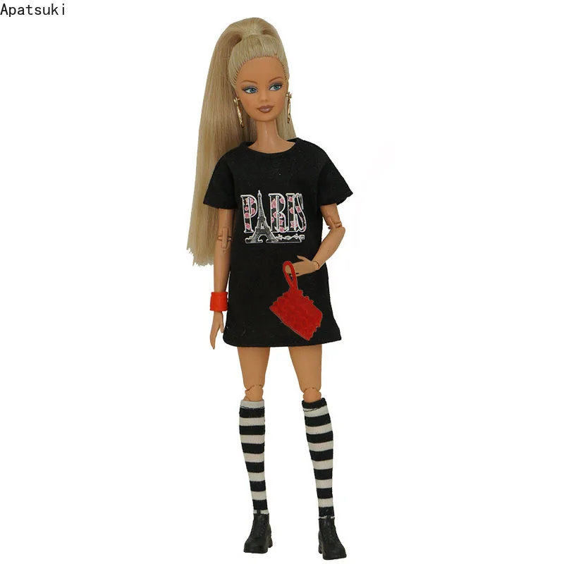 Set Di Vestiti Di Moda Neri Per Barbie Doll Outfit 1/6 Accessori Per Casa Delle Bambole Per Barbie Doll T-Shirt Dress Socks Scarpe Giocattoli Per Bamb