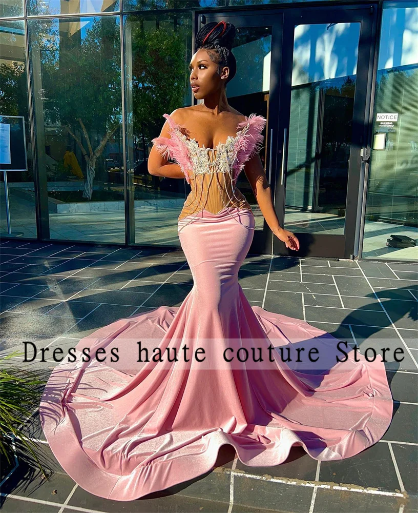 Aso Ebi Style Pink Mermaid Evening Dresses 2023 Elegant Feather Beaded Prom Dress African Nigerian Luxury Party Gowns