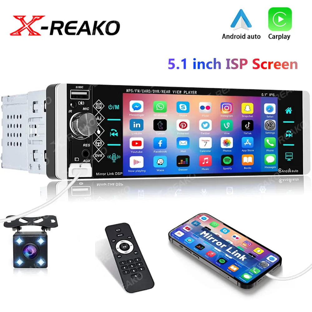 Car Mp5 Player 1Din Autoradio Carplay Bluetooth Autoradio Ricevitore Stereo 4-Usb 5.1 Pollici Supporto Mirror Link