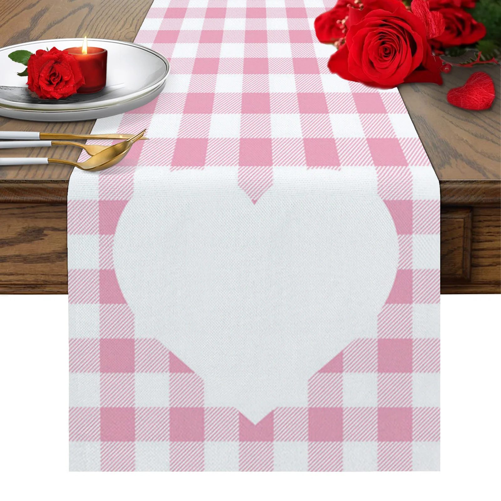 

Розовая клетчатая льняная настольная дорожка в форме сердца для дома, многоразовая скатерть для обеденного стола, декор для свадебной вечеринки