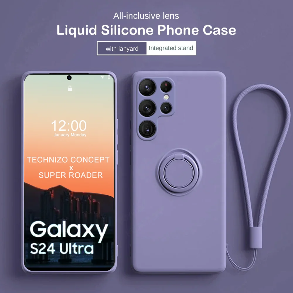S24Ultra Custodia Morbida In Silicone Liquido Per Samsung Galaxy S 24 S24 Ultra Plus Magnet Holder Ring Coque Antiurto Con Cordino