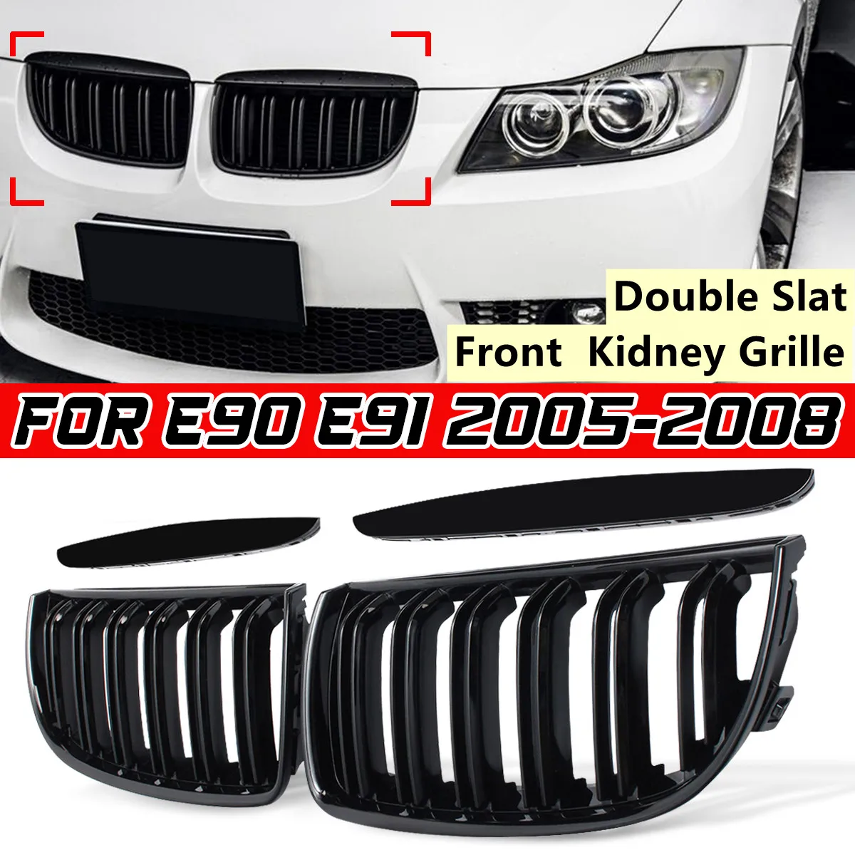 Pair E90 E91 Front Kidney Grille Car Front Bumper Grille Grill Double Slat Sport Kidney Grille Grill For BMW E90 E91 2005-2008