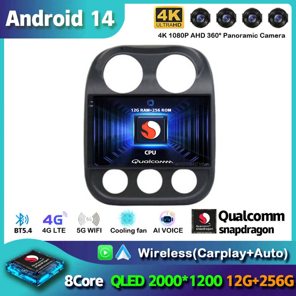 

Автомобильное радио Andtoid 14 Carplay для Jeep Compass Patriot 2010-2016 2 Din Авторадио GPS навигация мультимедийный видеоплеер 4G стерео