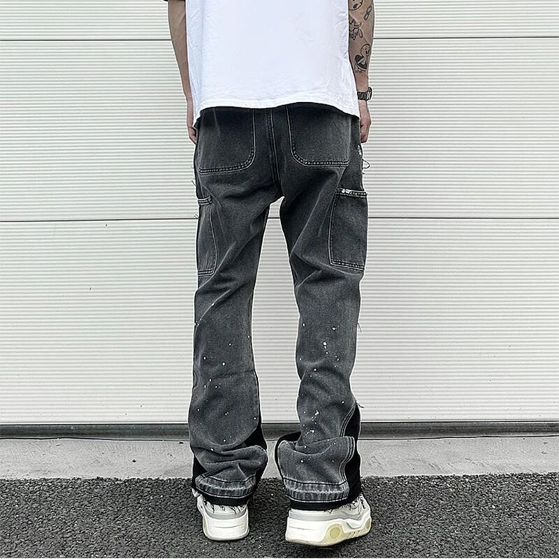 2023 Graffiti Black Flared Denim Pants Mens Vintage Hip Hop Patches Splashed Ink Wide Leg Jeans Y2k Baggy Washed Jeans for Men images - 6