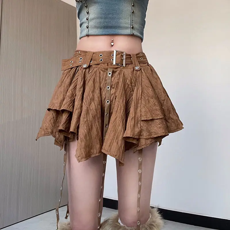 

Summer Irregular Hem Pleated Skirt for Women Y2K Egirl Belt Vintage Streetwear Fashion Casual Bottoms Elegant Chic Mini Skirts