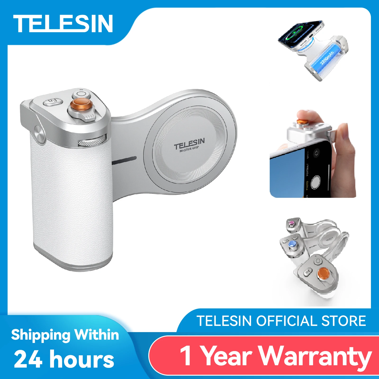 ที่จับโทรศัพท์แม่เหล็ก TELESIN พร้อมแบตสำรอง 3200 มิลลิแอมป์ ชาร์จไร้สาย ที่ยึดโทรศัพท์ รีโมทช่วยถ่ายภาพ สำหรับ iPhone 1