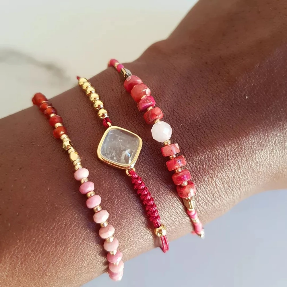 Vlen Red Flat Natural Stone Bracelet Miyuki Glass Beads String ...