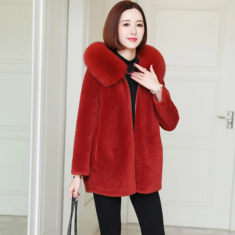 Hooded Fur Collar Faux Lambwool Furs Jackets Thicken Winter Mom's Coats Elegant Warm Women Jaqueta Loose Fleece Furry Overcoat