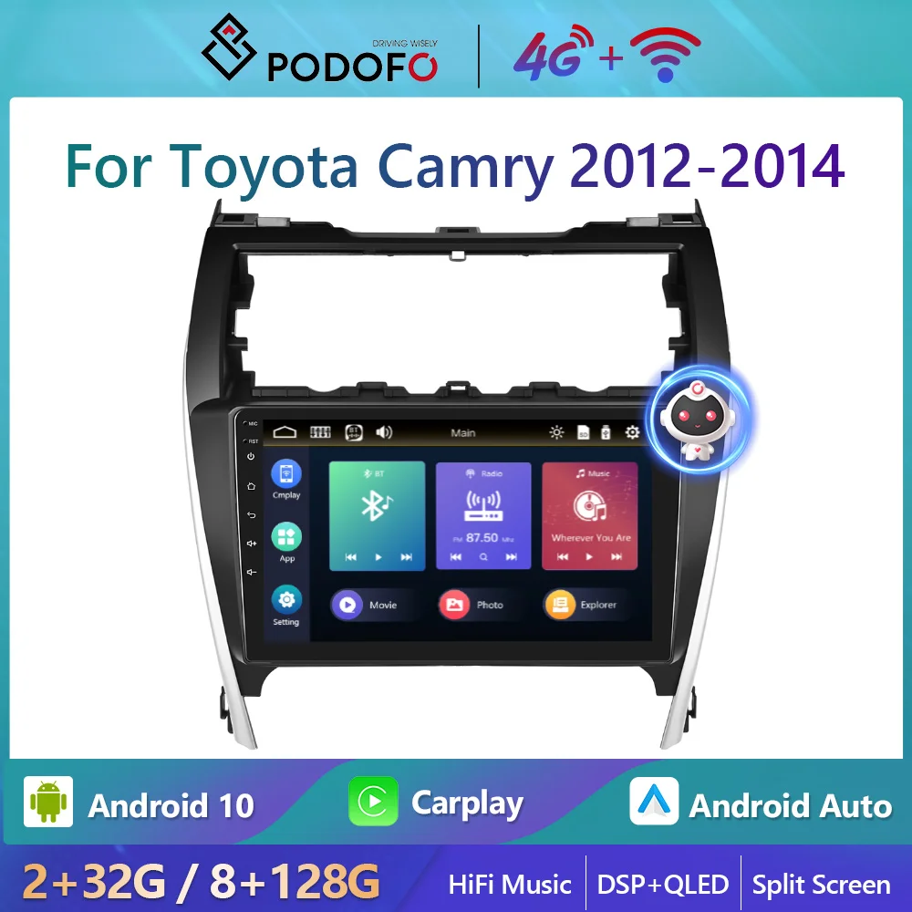 

Podofo 4G WiFi 8+128G Car Radio For Toyota Camry US 2012-2014 DSP Carplay Autoradio Stereo Player 2din GPS HiFi Music Ai Voice