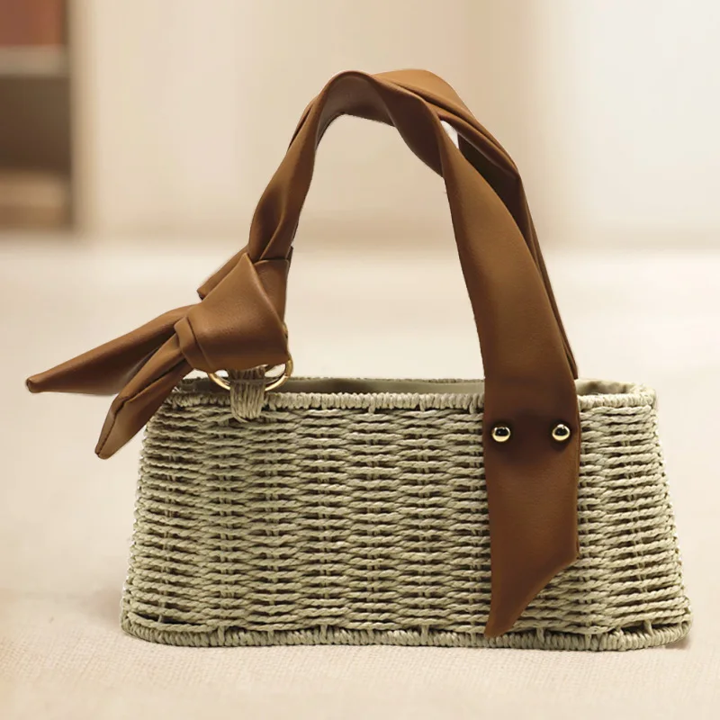 Bohemian Woven Box Bag Knot Handle Women Designer Handbags Handmade Paper Rope Straw Basket Bags for Women Travel Beach Bag Chic