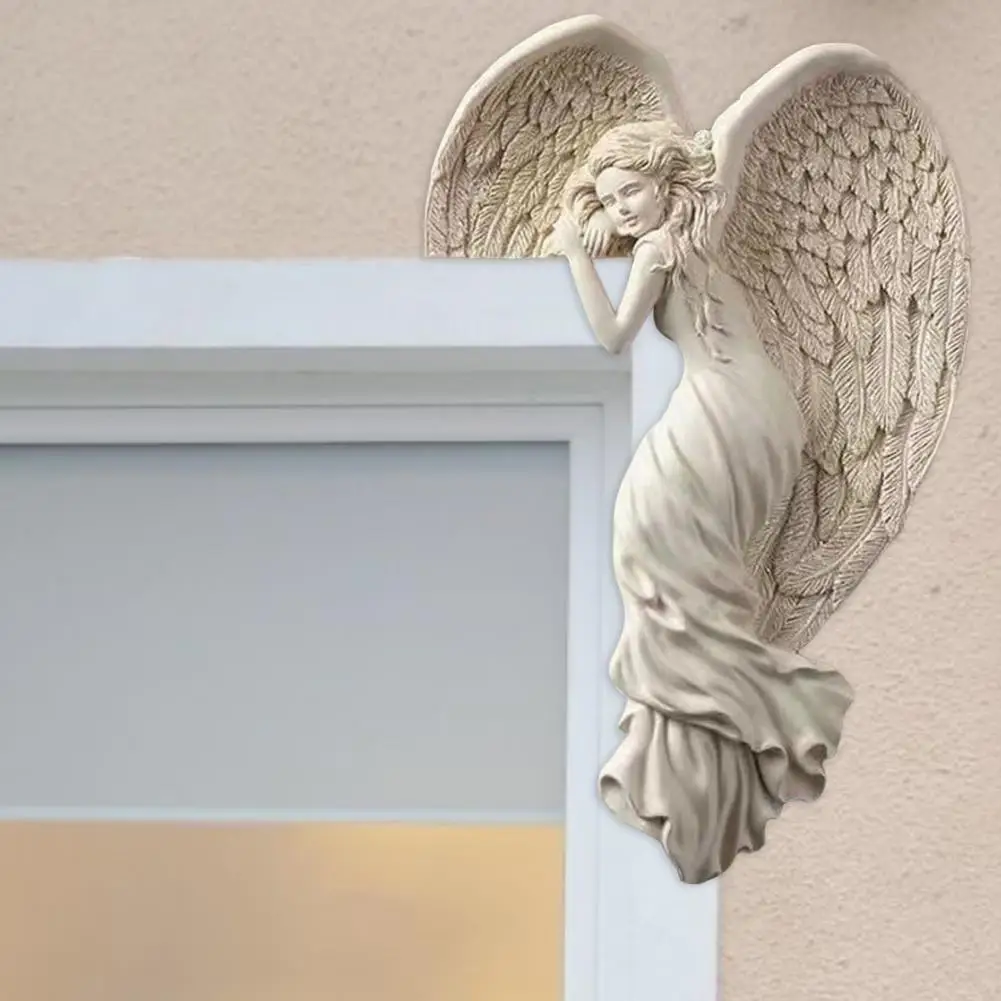 Angel Door Corner Wall Sculpture 3D Heart-Shaped Wings Realistic Resin Figurines Wall Decoration Left/Right Frame Angel Statue