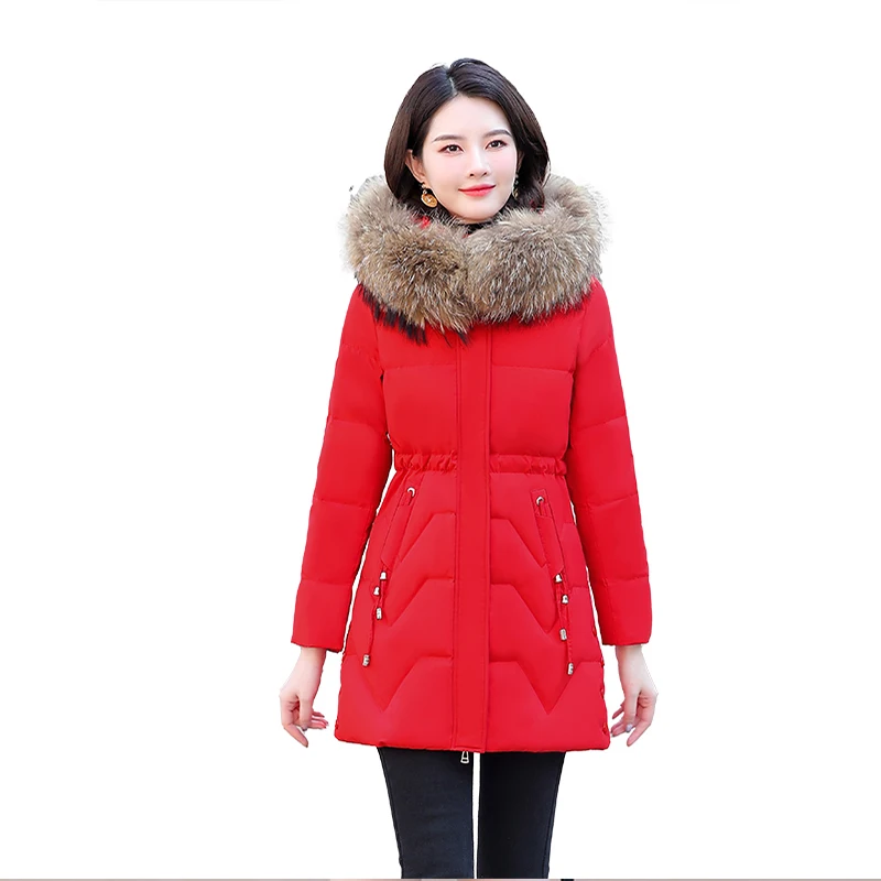 

Women's Clothing Slim fit mid-length large fur collar warm hooded down coat Winter New 170