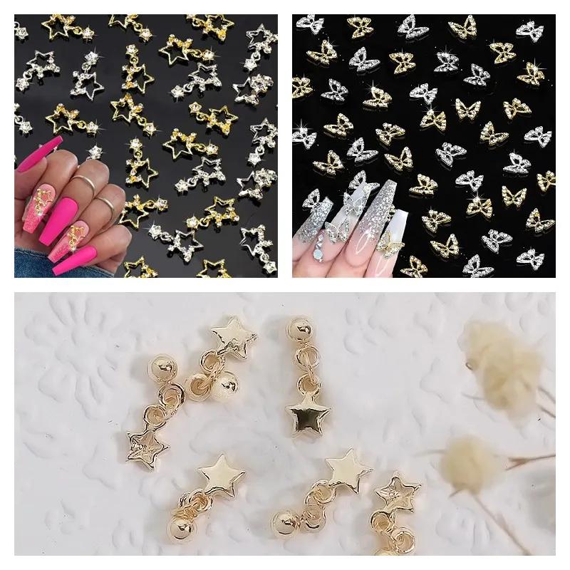 

10pcs Luxury Nail Charms Silver Star Bow DIY Glitter Kawaii 3D Nail Art Decorations Jewelry Rhinestone Gems Accessories Manicure