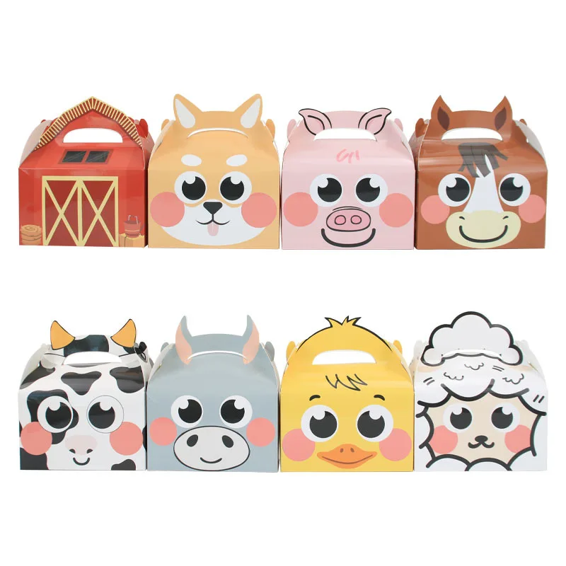 8pcs Farm Theme Paper Candy Cake Cookie Gift Box Cartoon Animal Packaging Bag With Handle Birthday Wedding Decor Party Supplies