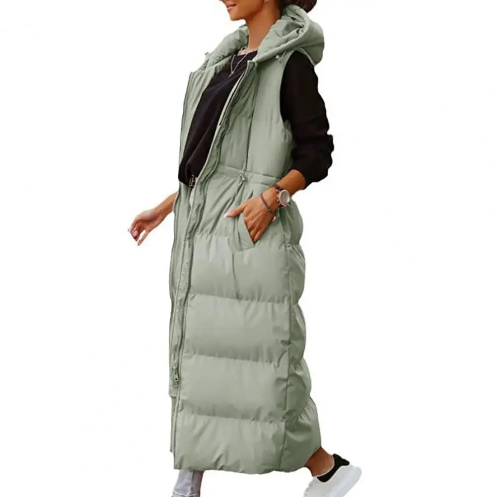 Autumn Winter Women Down Vest Long Zipper Hooded Pockets Sleeveless Coldproof Down Coat Jacket for Outdoor