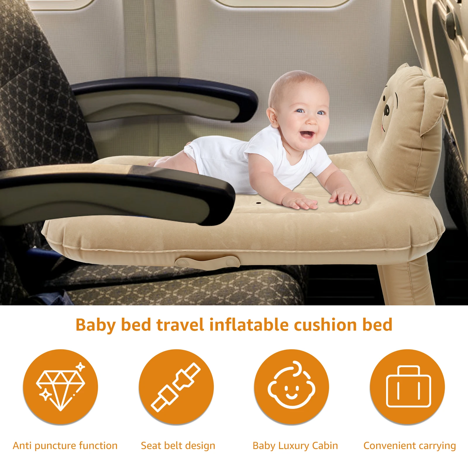 Portable Inflatable Airplane Bed Soft Toddler Plane Bed with Seat Belt Puncture Proof Flyaway Kids Bed Airplane for Baby Travel