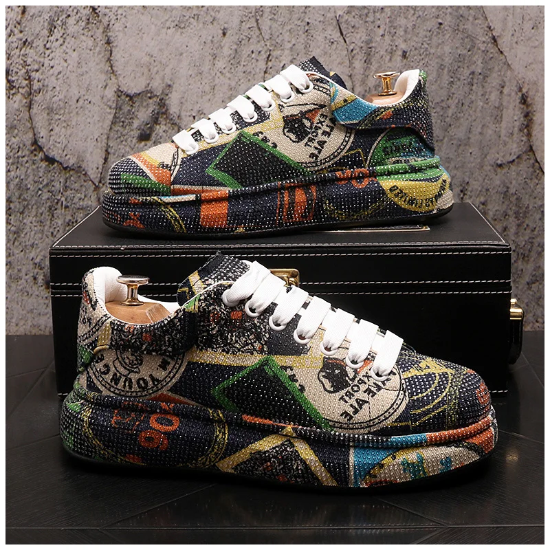 New Men Luxury Rhinestone Metal Plate Platform High Tops Casual - Main Image