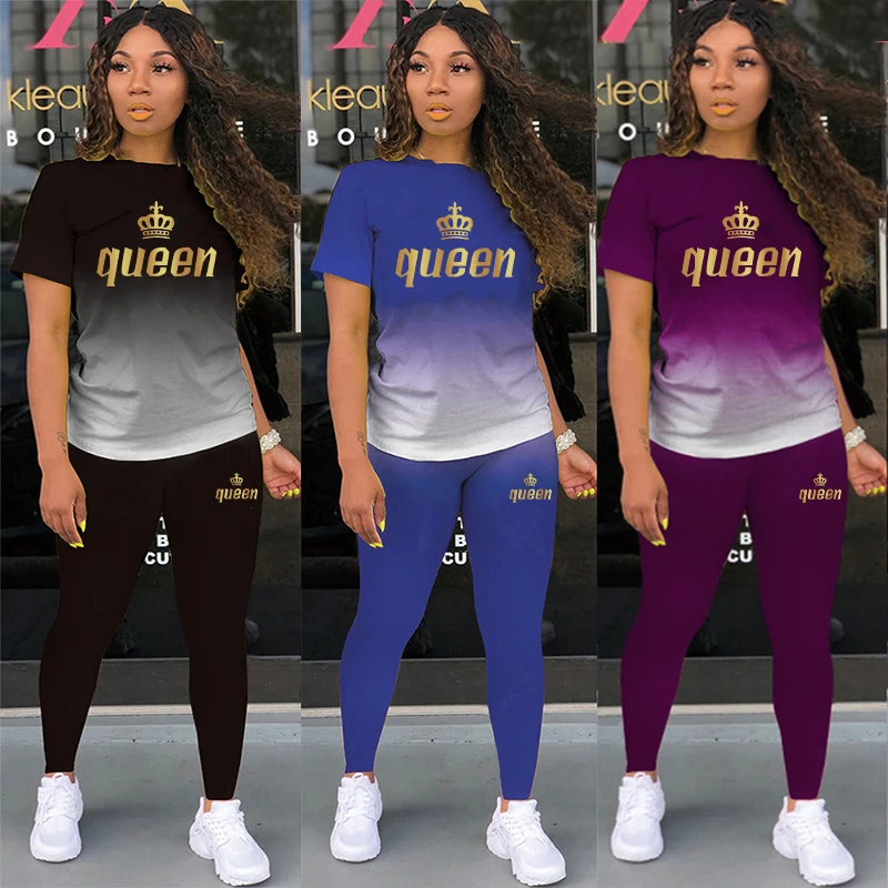 

Summer New Women Fashion Queen Print 2 Piece Sets Casual Sports Suit Short Sleeve T-shirt + Pants