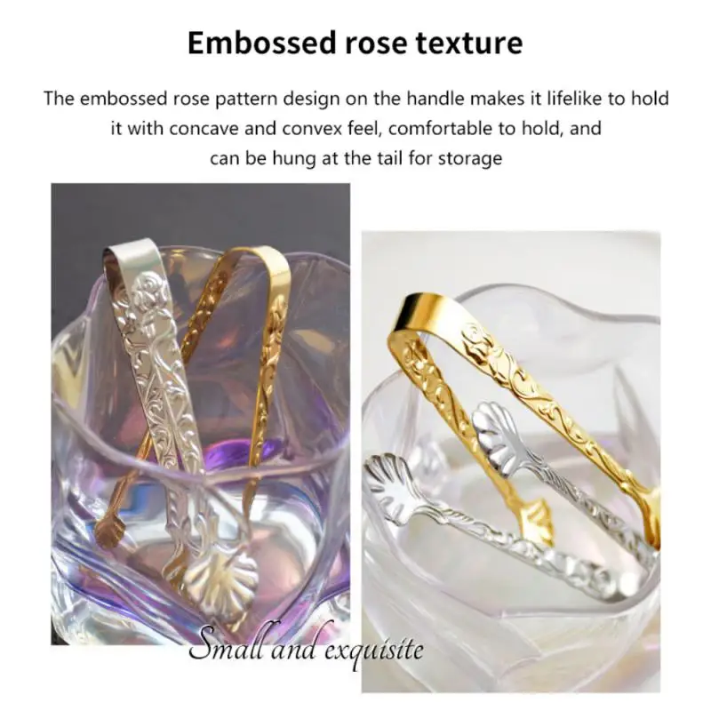Rose Relief Ice Clip Stainless Steel Foods BBQ Square Sugar Serving Tong Barware
