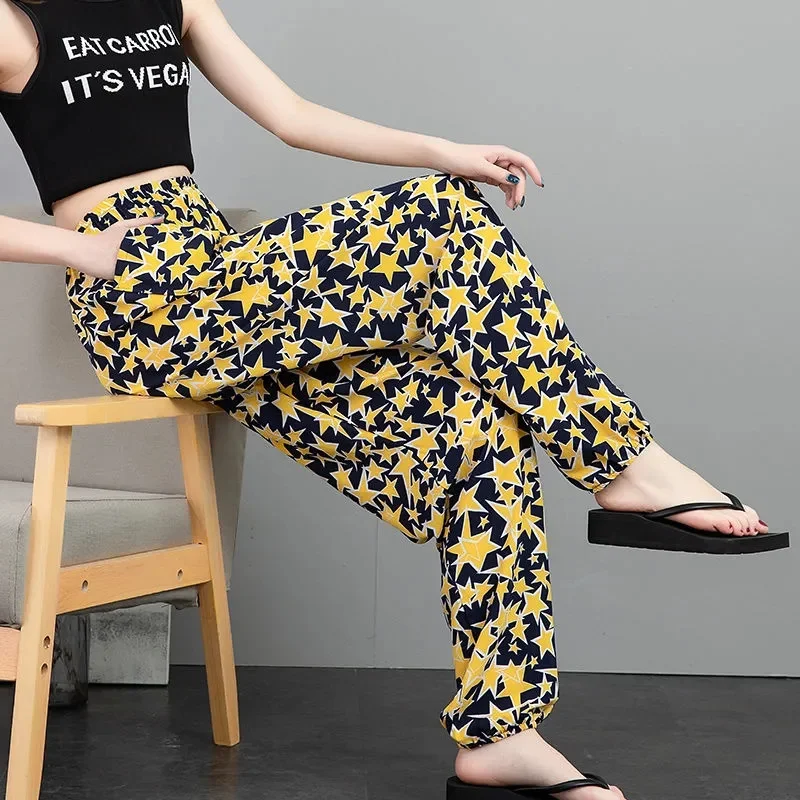 

2024 Summer Women Printed Wide-leg Pants Oversized Loose Bundle Foot Casual Trousers Elastic High-waisted Thin Straight Pants