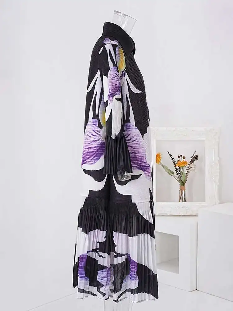 LANMREM 2024 New Pleated Print Dress For Women Fashion Lapel Single Breasted Loose Long Contrast Color Female Dresses 2DA4600 - Image 2
