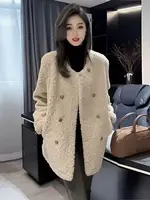 Lamb Fur Jaet Women's Thiened Autumn Winter Loose Faion Warm Coat High Waist Straight Cut Long Sve round Ne ort ...