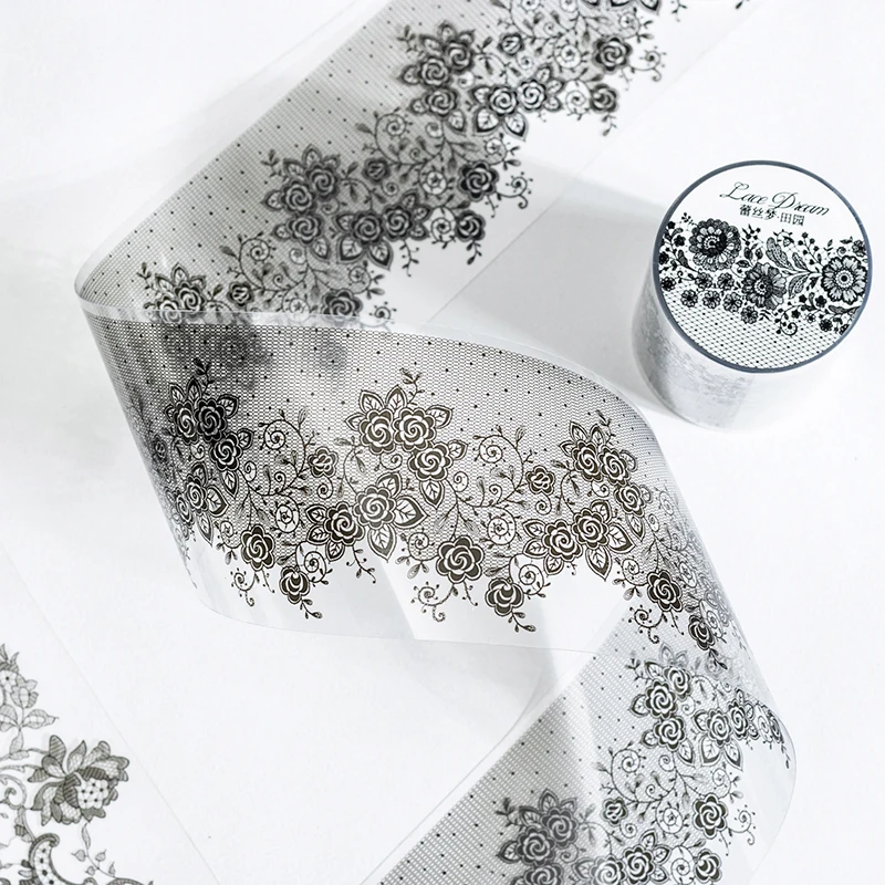 55mm*2m Black White Lace PET Tapes DIY Scrapbooking Junk Journal Aesthetics Decor Diary Collage Masking Tape Stationery Supplies 5