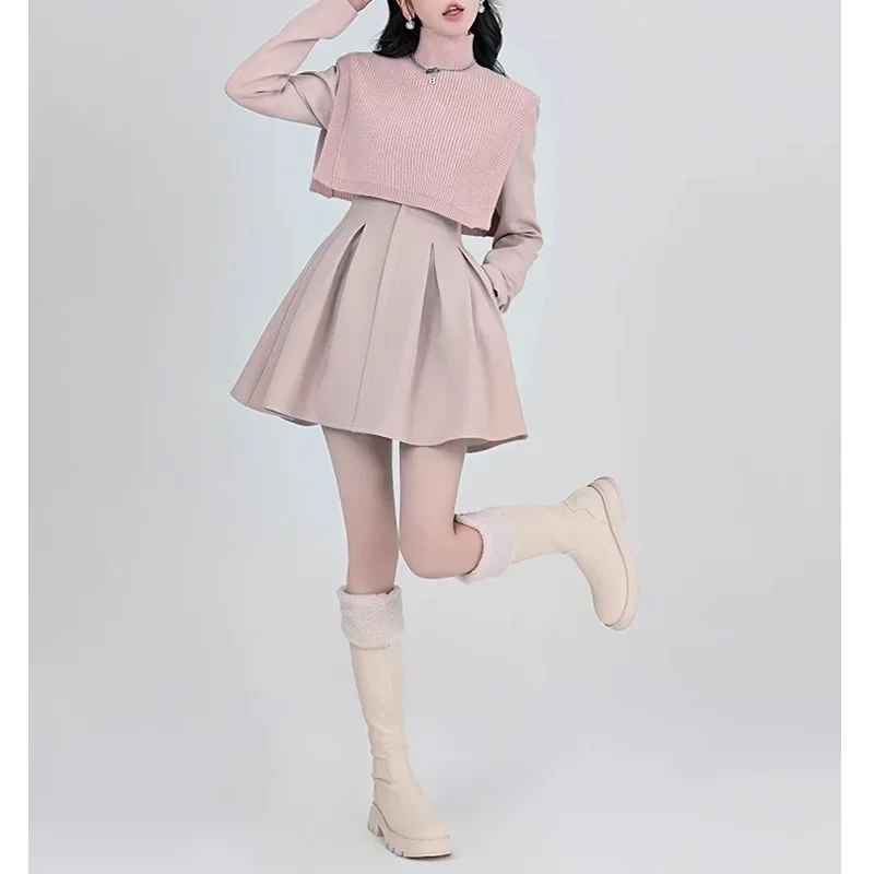 

Elegant Knitted Shawl Suit Dress Set for Women Fashion Design Cape and Blazer Dress Two Pieces Chic Autumn Mini Dress OL Style